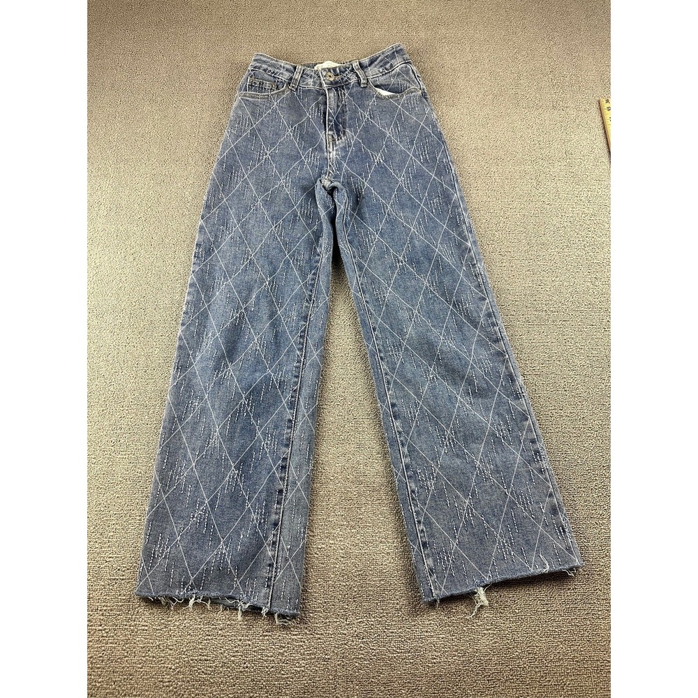 Hello Miss Jeans Women 36 Blue Wide-Leg Geometric Cotton Blend Denim Streetwear